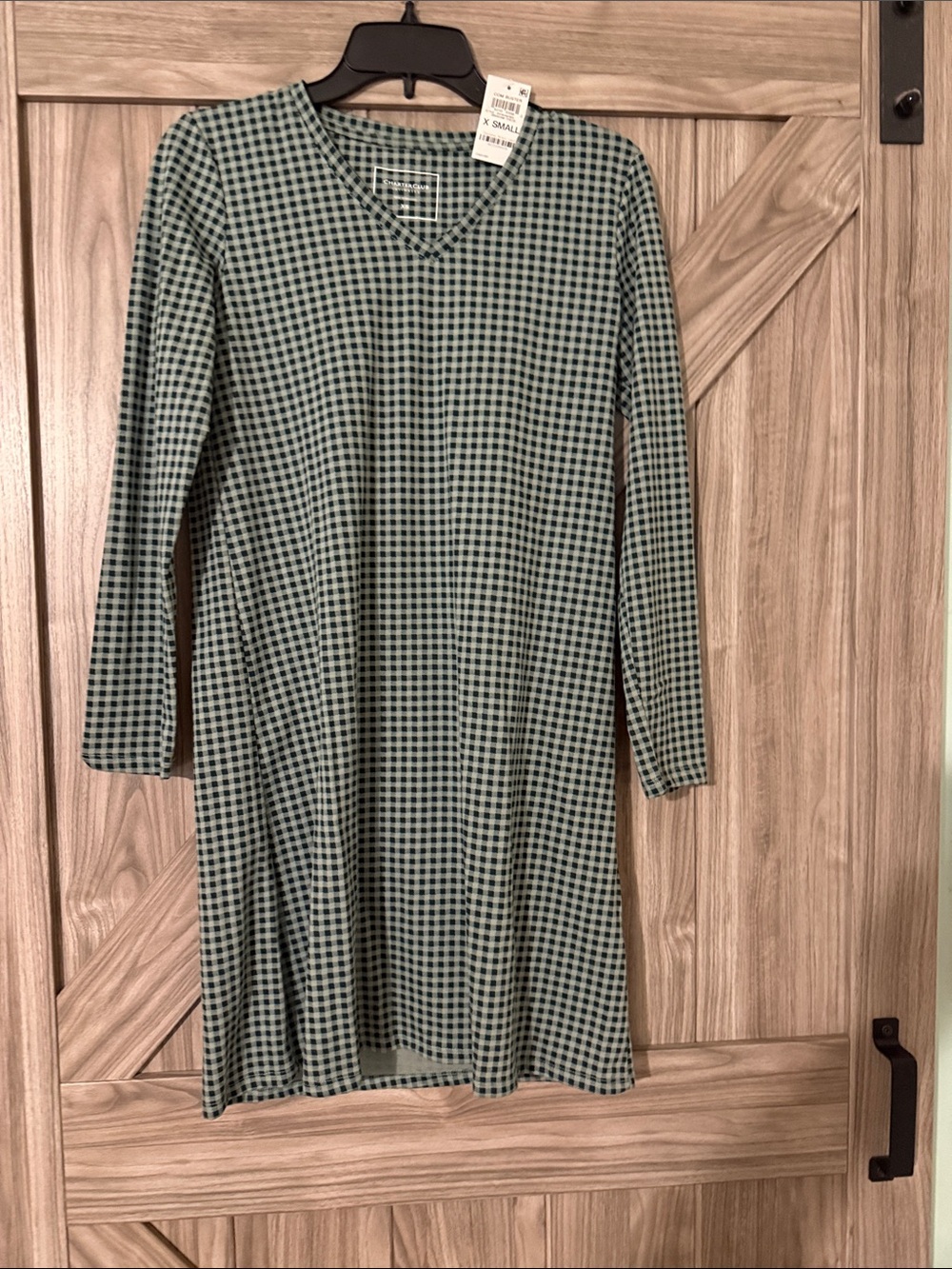Charter Club Green Check V-Neck Long-Sleeve Shift Dress